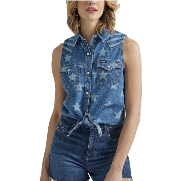 Wrangler Retro 75th Anniversary Sleeveless Denim Pearl Snap Tie Front Top XXL - Picture 1 of 7